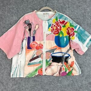 VTG Kolorway Handpainted Cardigan Womens L/XL Kitchen Short Sleeve Artsy‎ USA